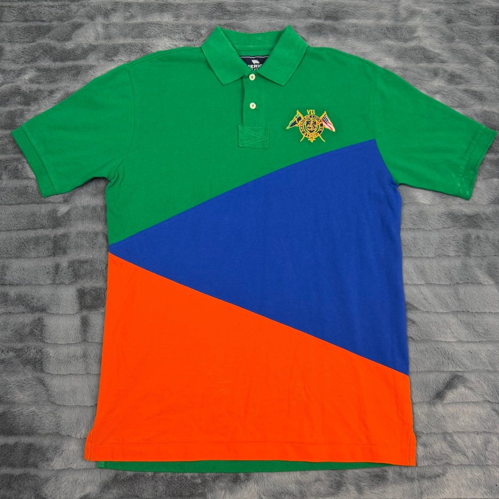 American Living Mens Colorblock Polo Shirt Green Blue Orange Crest Small 12623